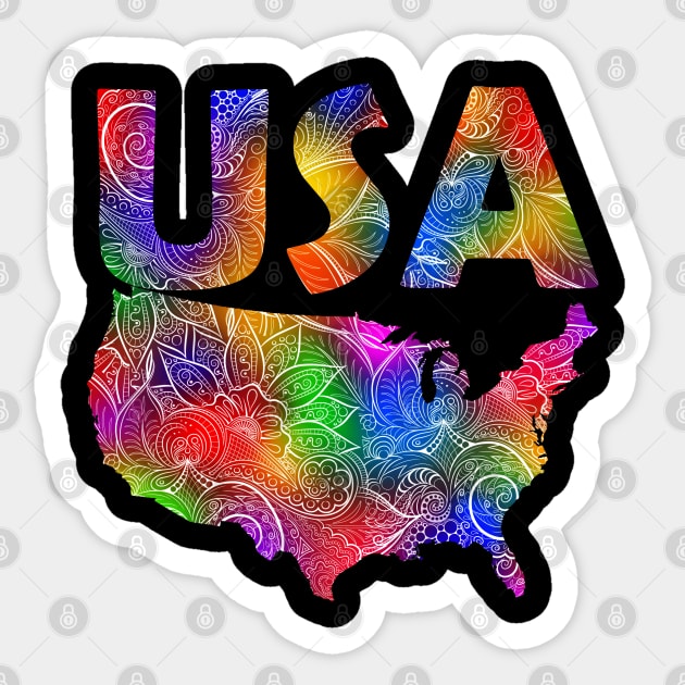 Colorful mandala art map of the United States of America with text in multicolor pattern Sticker by Happy Citizen